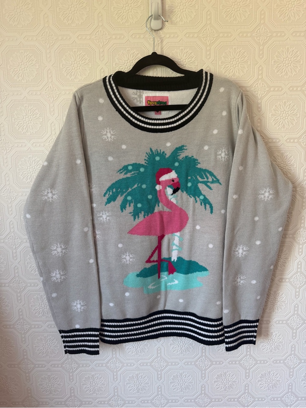 Tipsy Elves Gray Pink Flamingo Ugly Christmas Sweater Size L